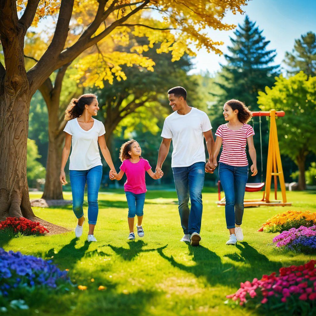 A joyful family engaged in various holistic parenting activities, including outdoor education games, laughter-filled moments, and arts & crafts. The scenery should depict a sunny park setting with trees, colorful flowers, and play equipment, symbolizing balance between education and fun. Vibrant colors to enhance the sense of happiness and togetherness. super-realistic. vibrant colors. nature background.
