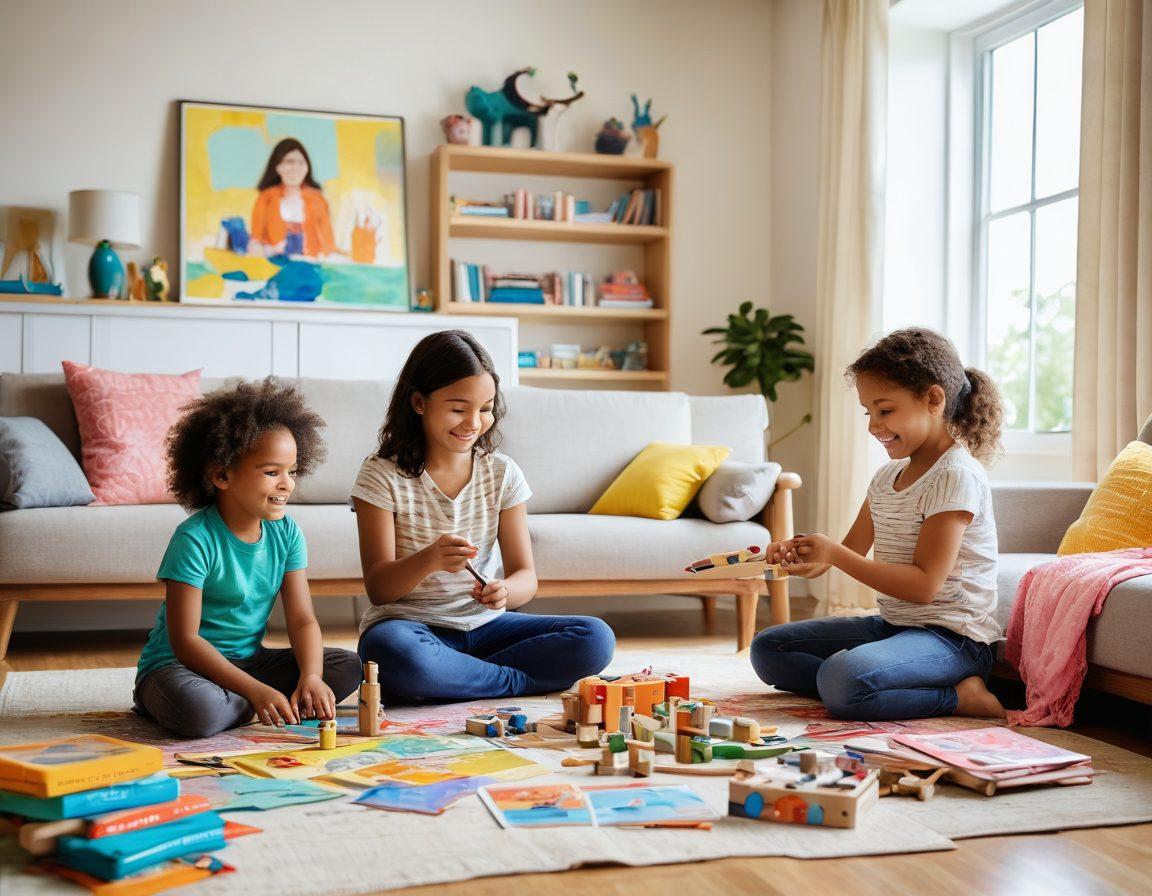 A joyful family engaged in creative playtime activities in a bright and colorful living room, showcasing a mix of art supplies, board games, and imaginative play setups. The scene should radiate warmth and connection, with smiles on children's faces and parents actively participating. Natural light floods the room, highlighting the artistic environment, filled with drawings and crafts that reflect their playful spirit. 3D. vibrant colors. warm lighting.